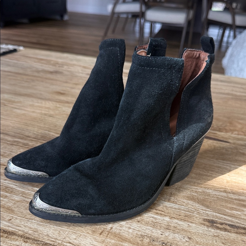 Jeffrey Campbell Black Suede Western Ankle Boots with Metallic Toe & Heel Cap